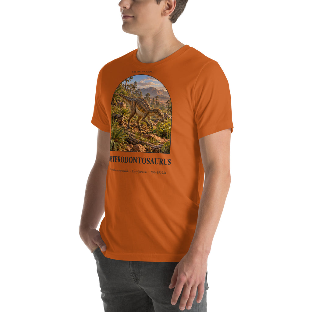 Heterodontosaurus T-shirt in Autumn, left front view — Deep Time Atlas Plate 095, PaleoThreads