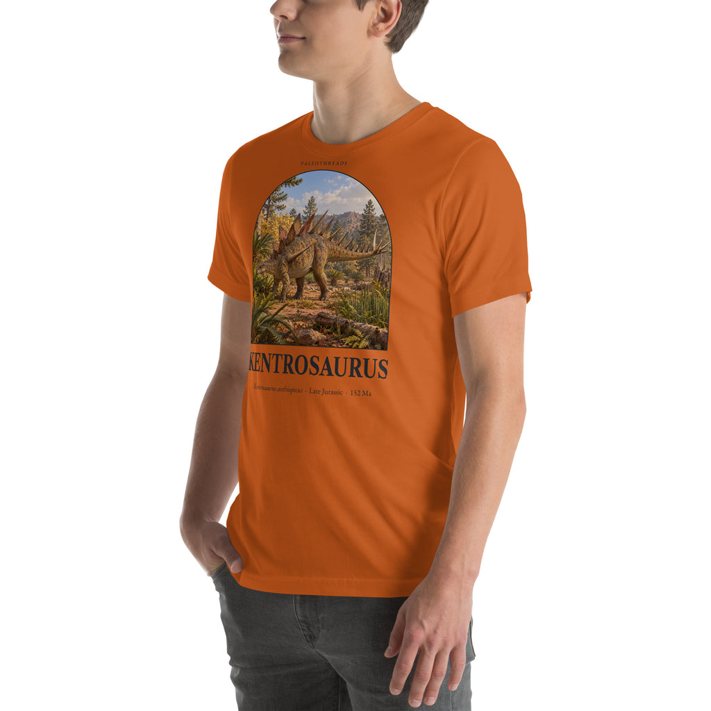 Kentrosaurus T-shirt in Autumn, left front view — Deep Time Atlas Plate 083, PaleoThreads