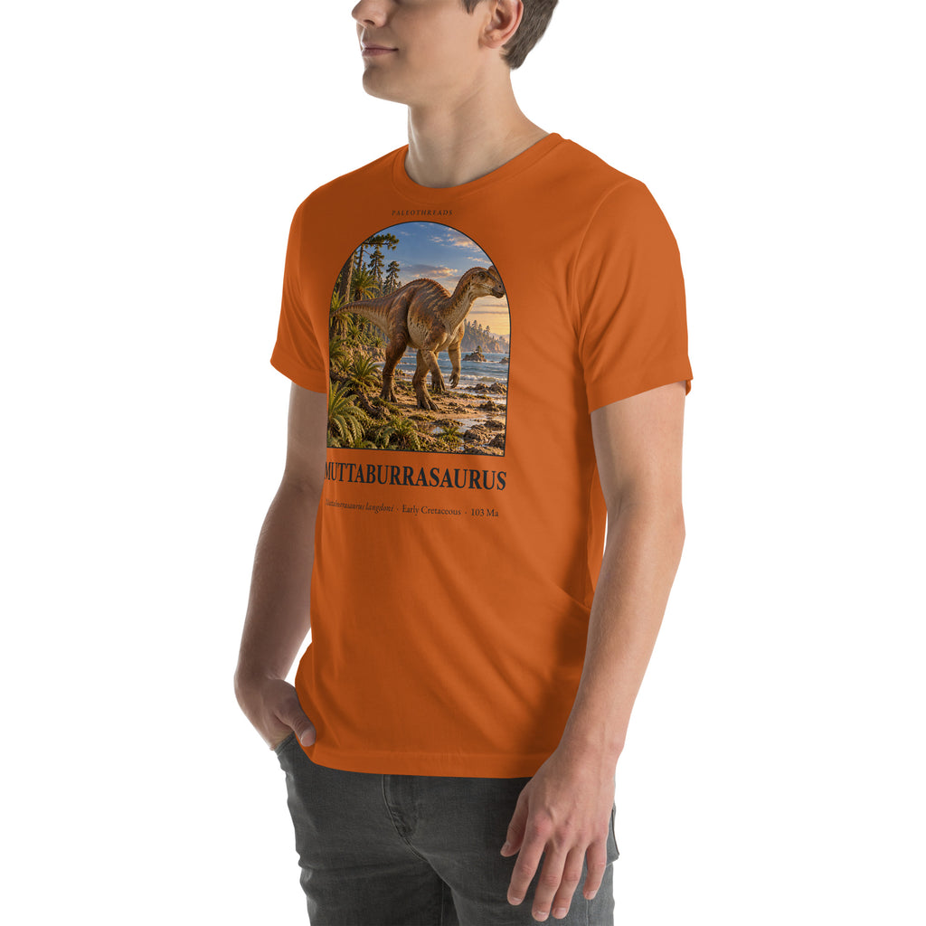 Muttaburrasaurus T-shirt in Autumn, left front view — Deep Time Atlas Plate 080, PaleoThreads
