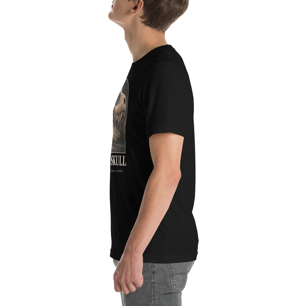 T. rex skull specimen T-shirt in Black, left view — Deep Time Atlas Plate 177, PaleoThreads
