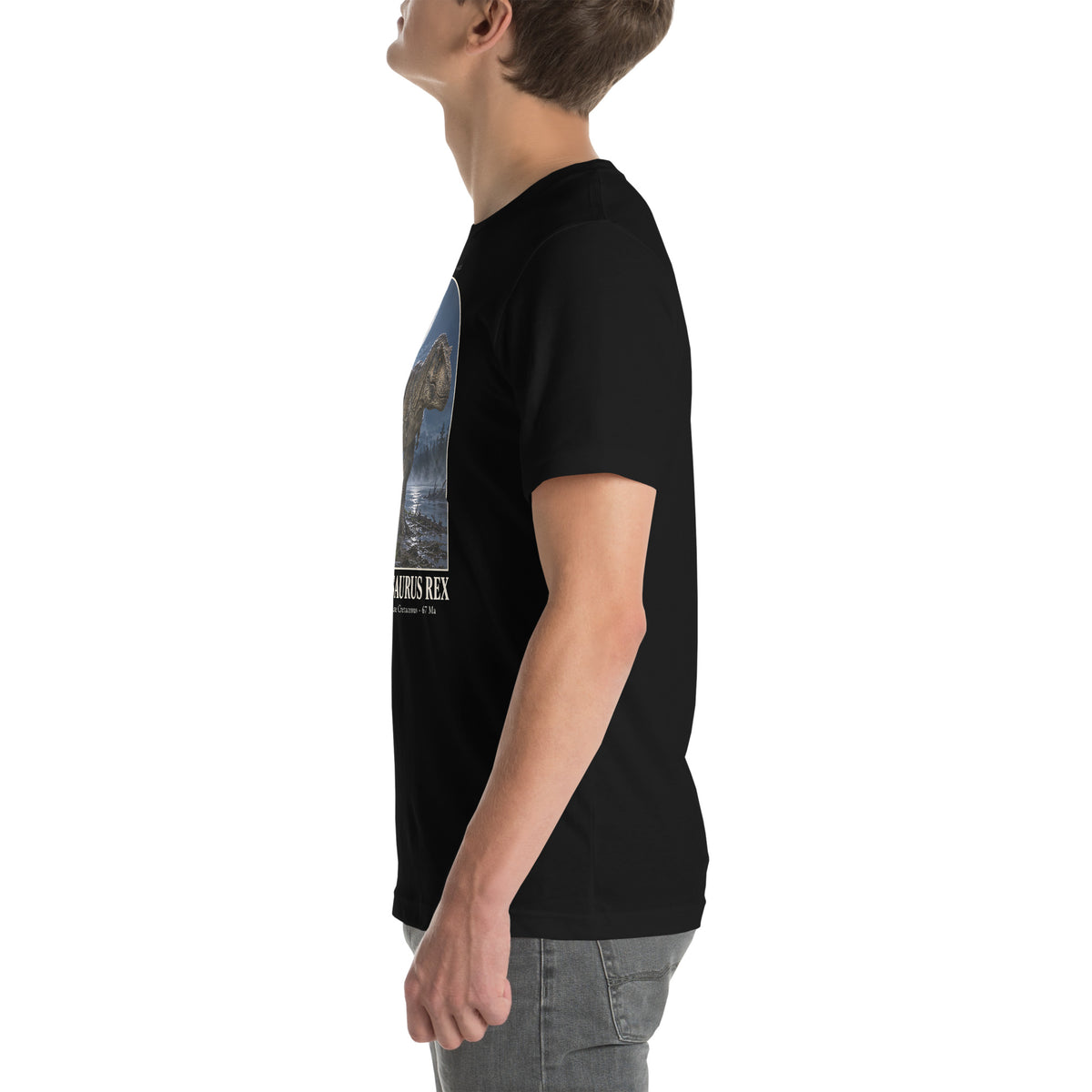 Tyrannosaurus rex T-shirt in Black, left view — Deep Time Atlas Plate 001, PaleoThreads