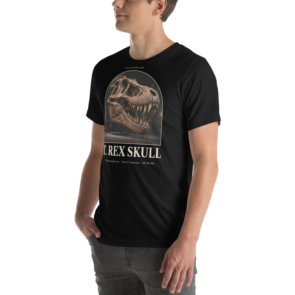 T. rex skull specimen T-shirt in Black, left front view — Deep Time Atlas Plate 177, PaleoThreads