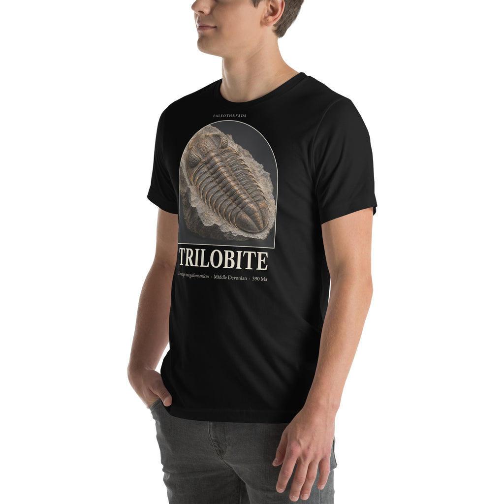 Trilobite specimen T-shirt in Black, left front view — Deep Time Atlas Plate 171, PaleoThreads