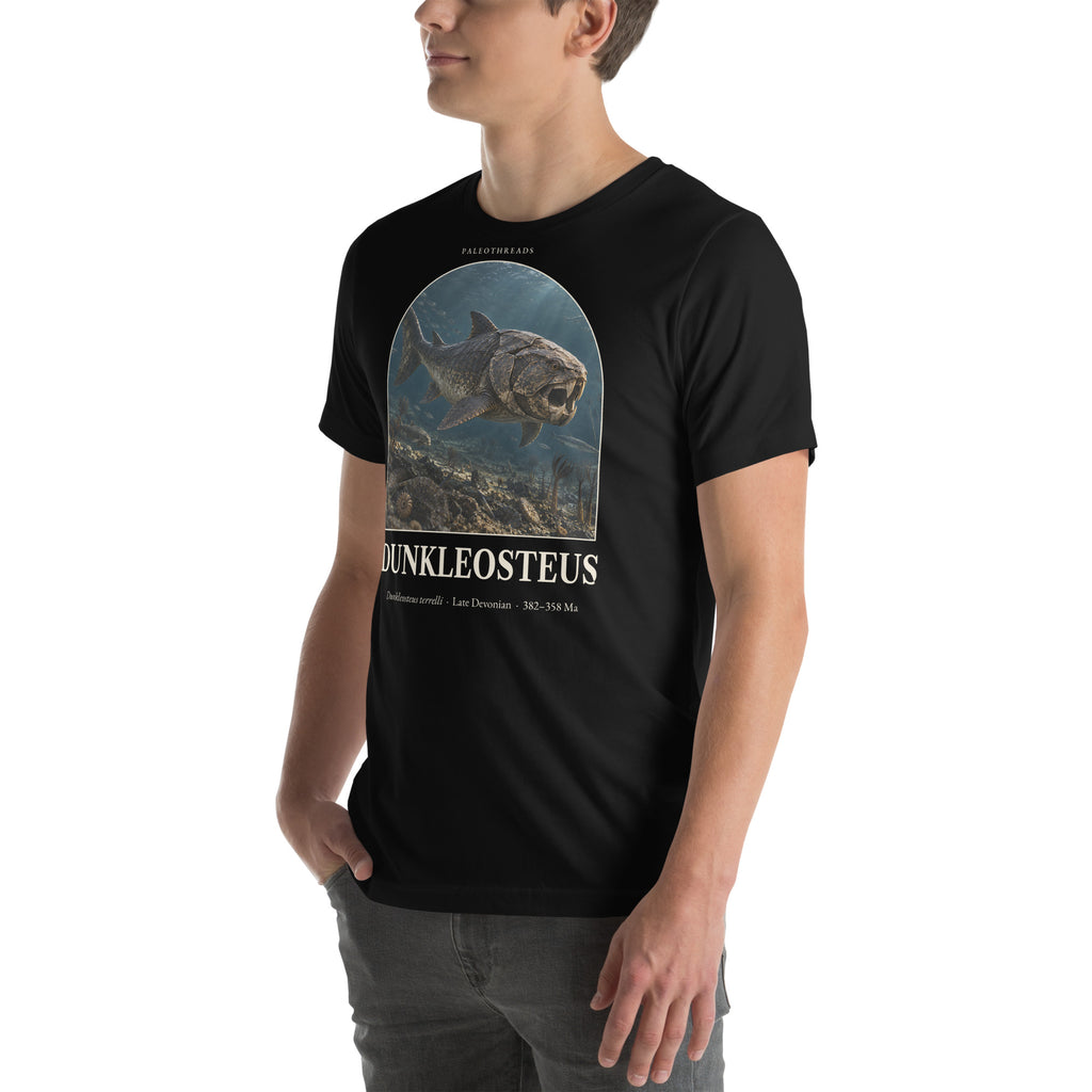 Dunkleosteus T-shirt in Black, left front view — Deep Time Atlas Plate 137, PaleoThreads