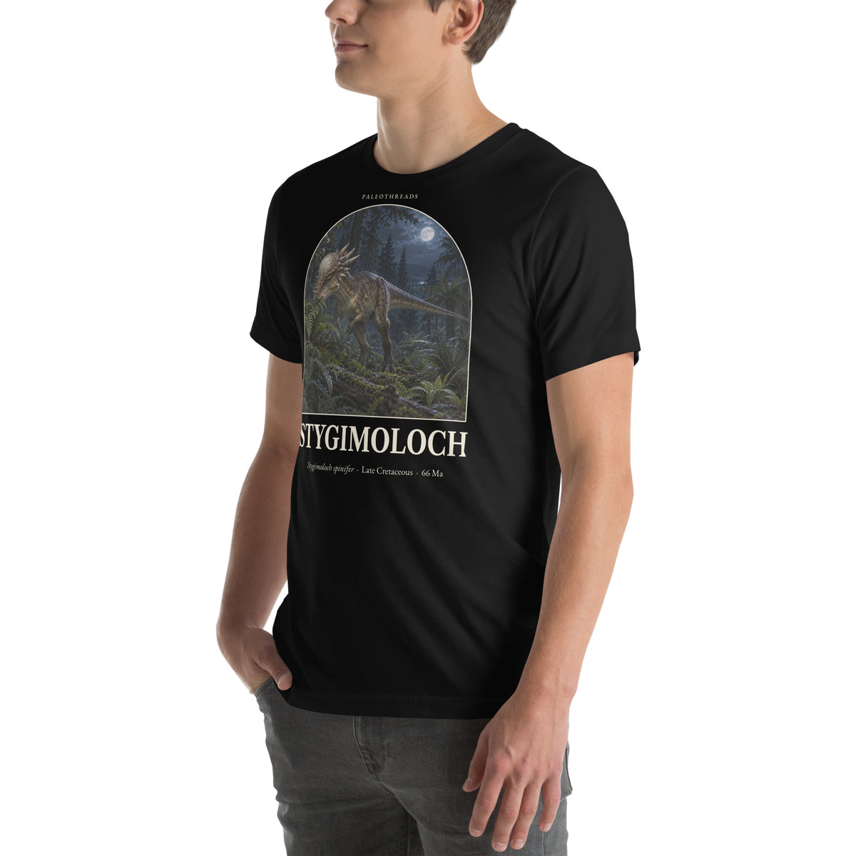 Stygimoloch T-shirt in Black, left front view — Deep Time Atlas Plate 044, PaleoThreads