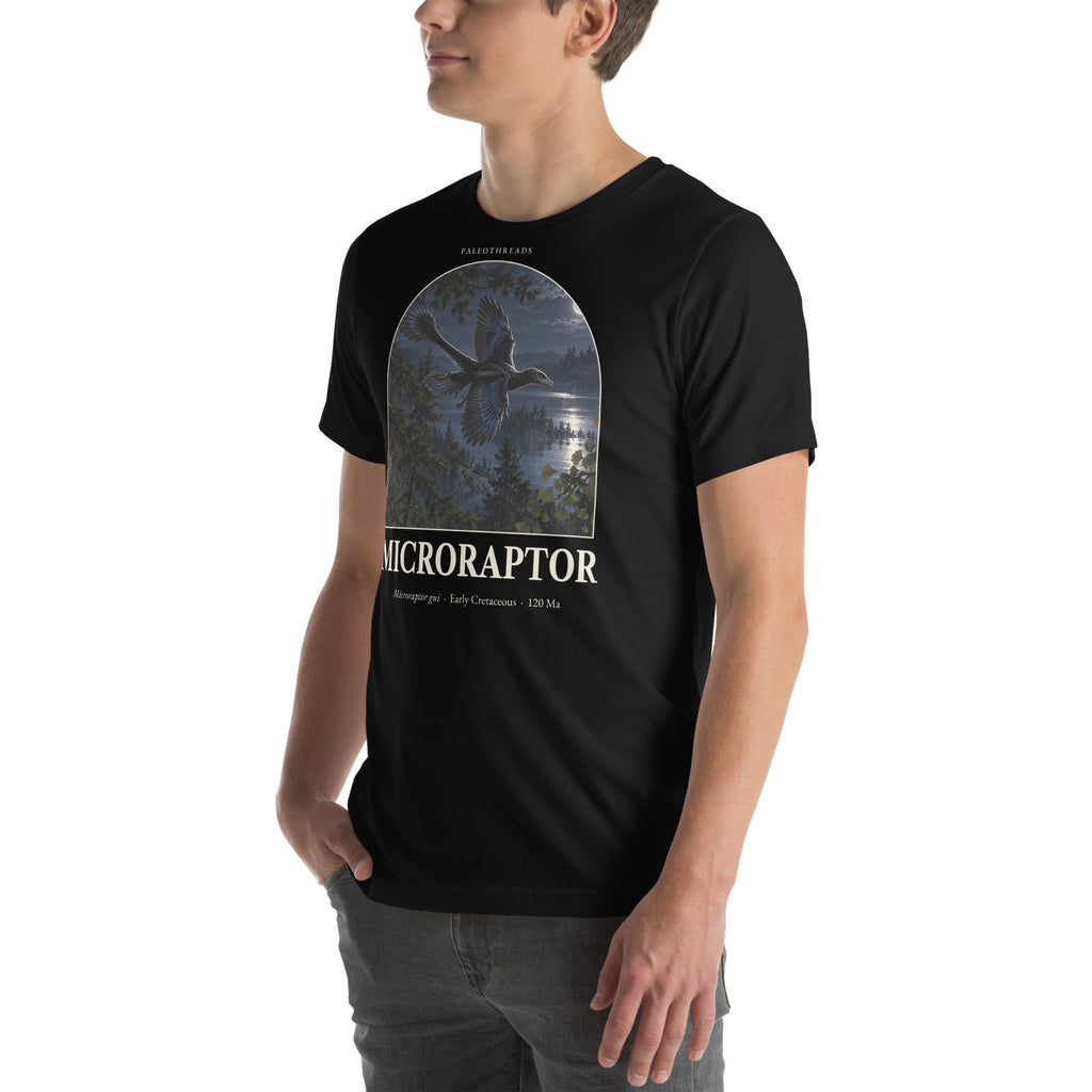 Microraptor T-shirt in Black, left front view — Deep Time Atlas Plate 026, PaleoThreads
