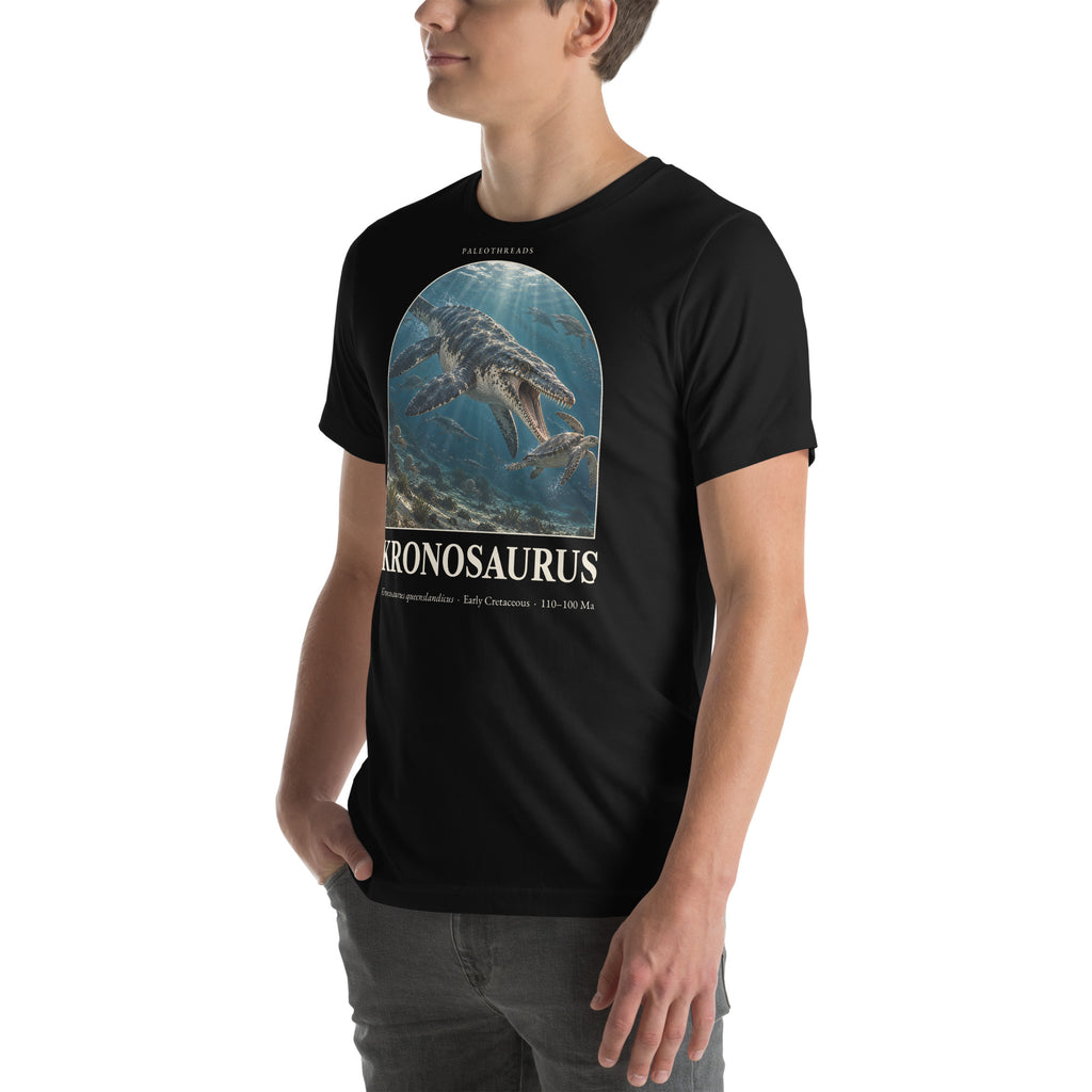 Kronosaurus T-shirt in Black, left front view — Deep Time Atlas Plate 112, PaleoThreads