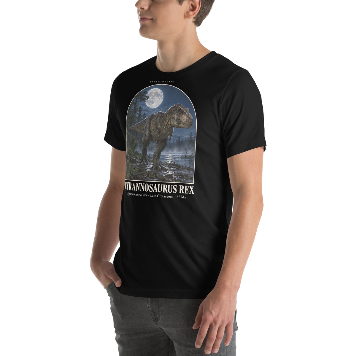 Tyrannosaurus rex T-shirt in Black, left front view — Deep Time Atlas Plate 001, PaleoThreads