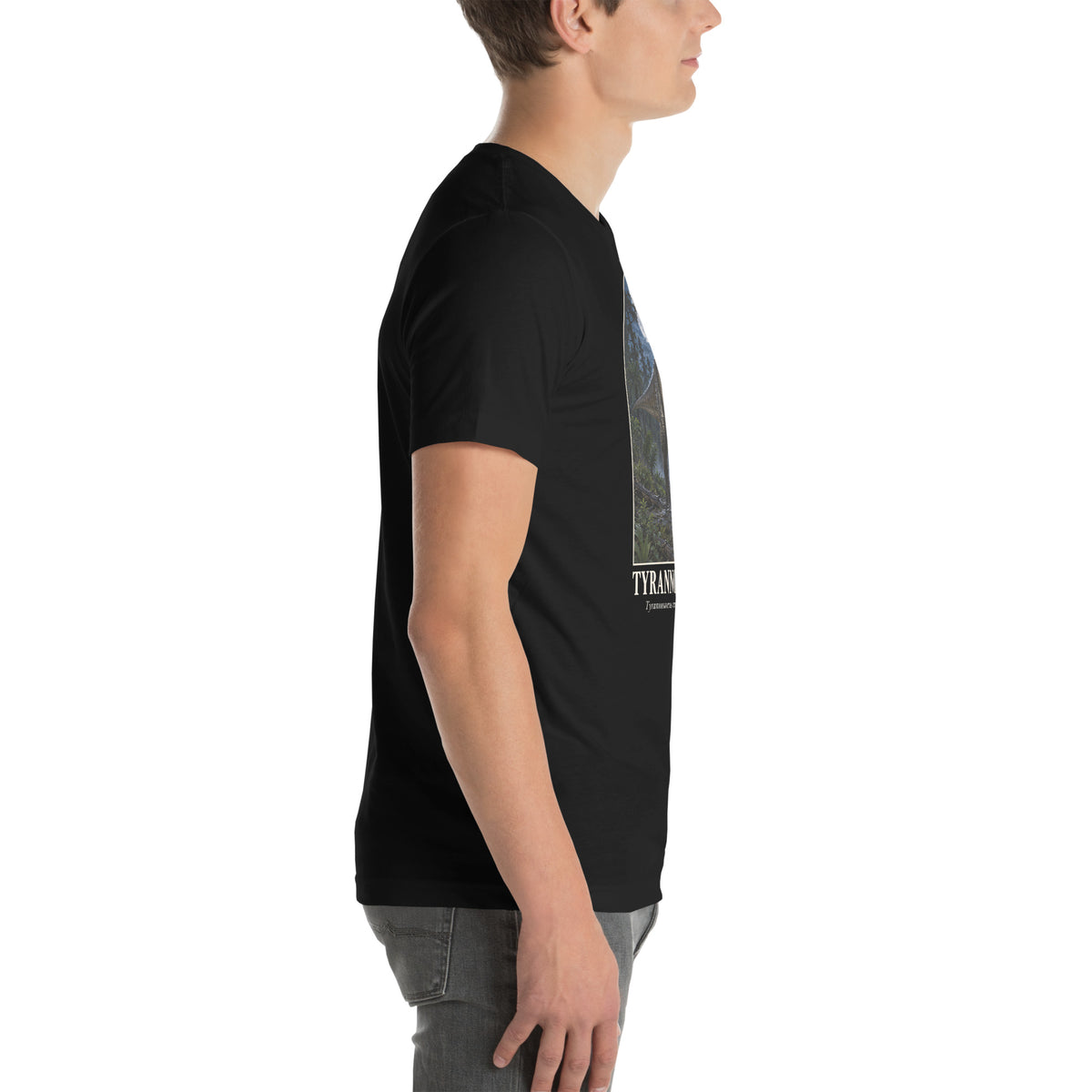 Tyrannosaurus rex T-shirt in Black, right view — Deep Time Atlas Plate 001, PaleoThreads