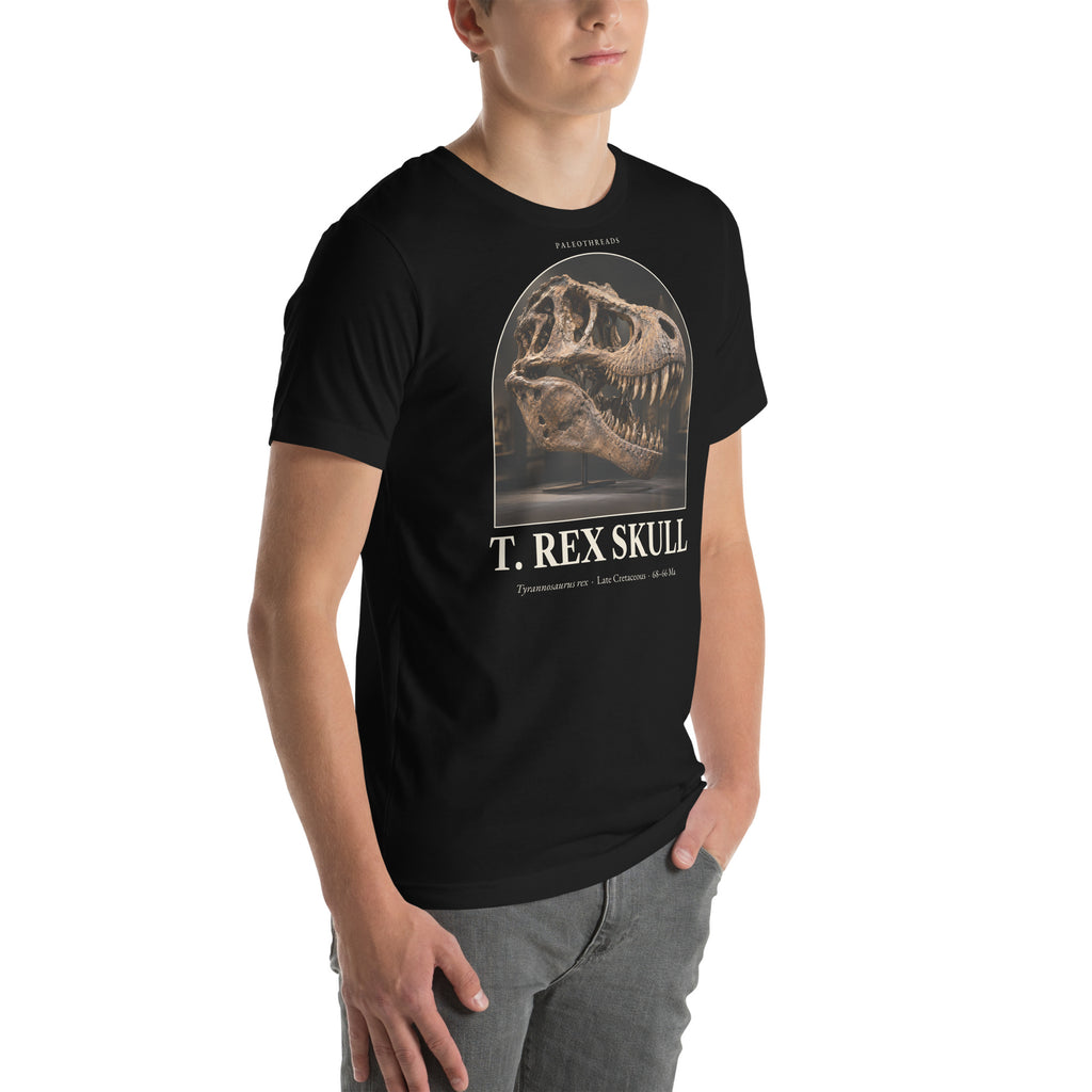 T. rex skull specimen T-shirt in Black, right front view — Deep Time Atlas Plate 177, PaleoThreads