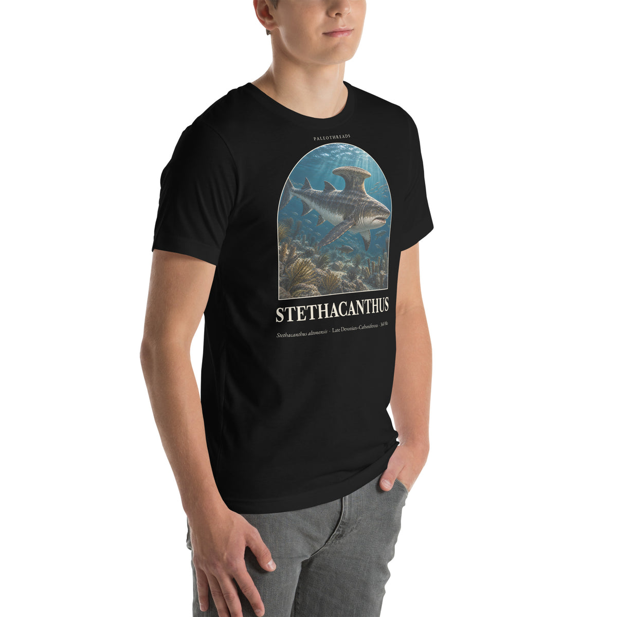Stethacanthus T-shirt in Black, right front view — Deep Time Atlas Plate 155, PaleoThreads