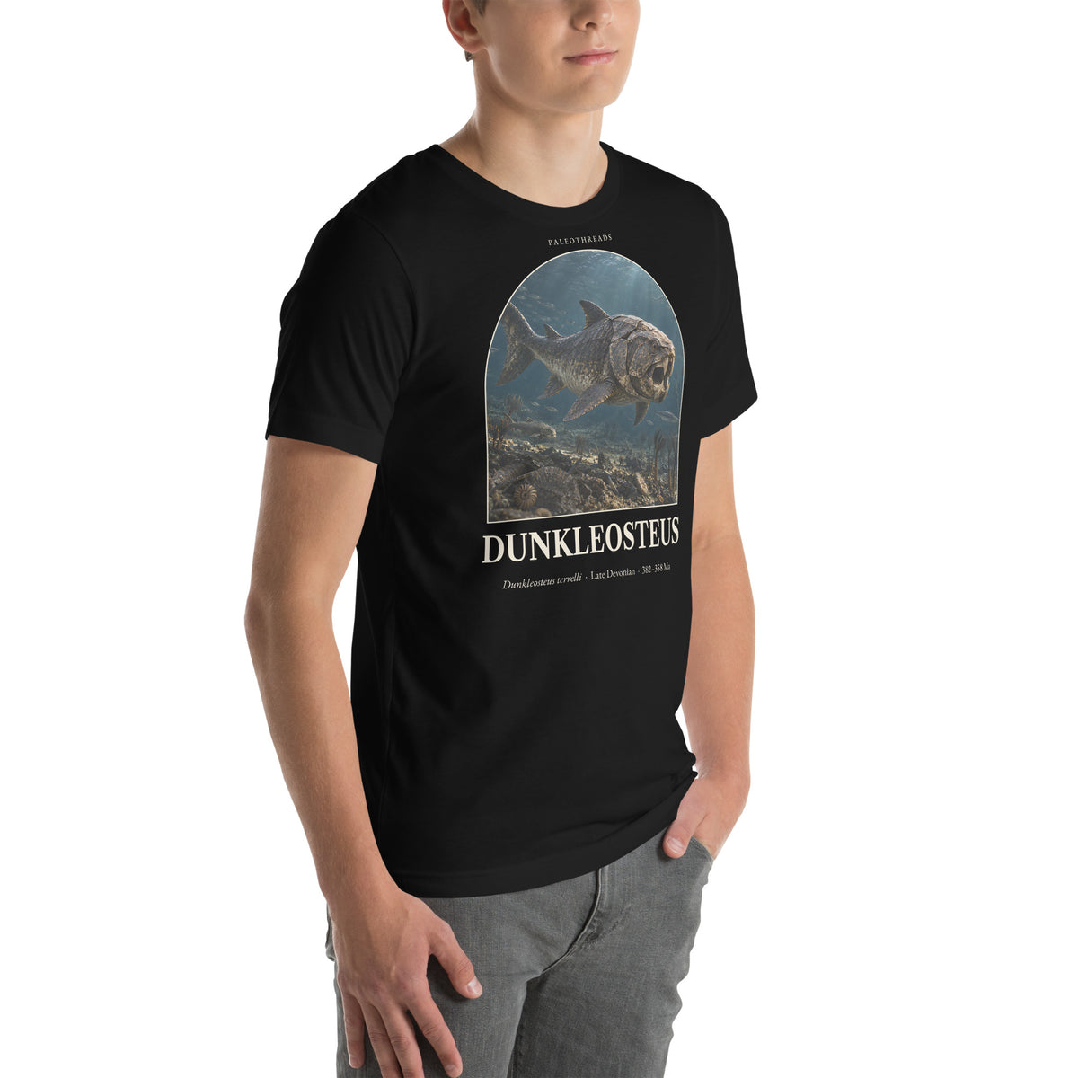 Dunkleosteus T-shirt in Black, right front view — Deep Time Atlas Plate 137, PaleoThreads