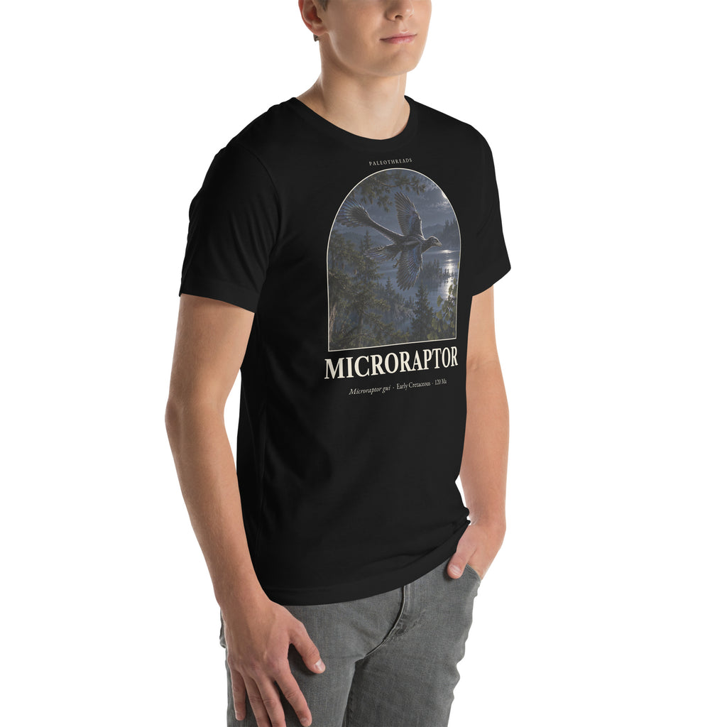 Microraptor T-shirt in Black, right front view — Deep Time Atlas Plate 026, PaleoThreads