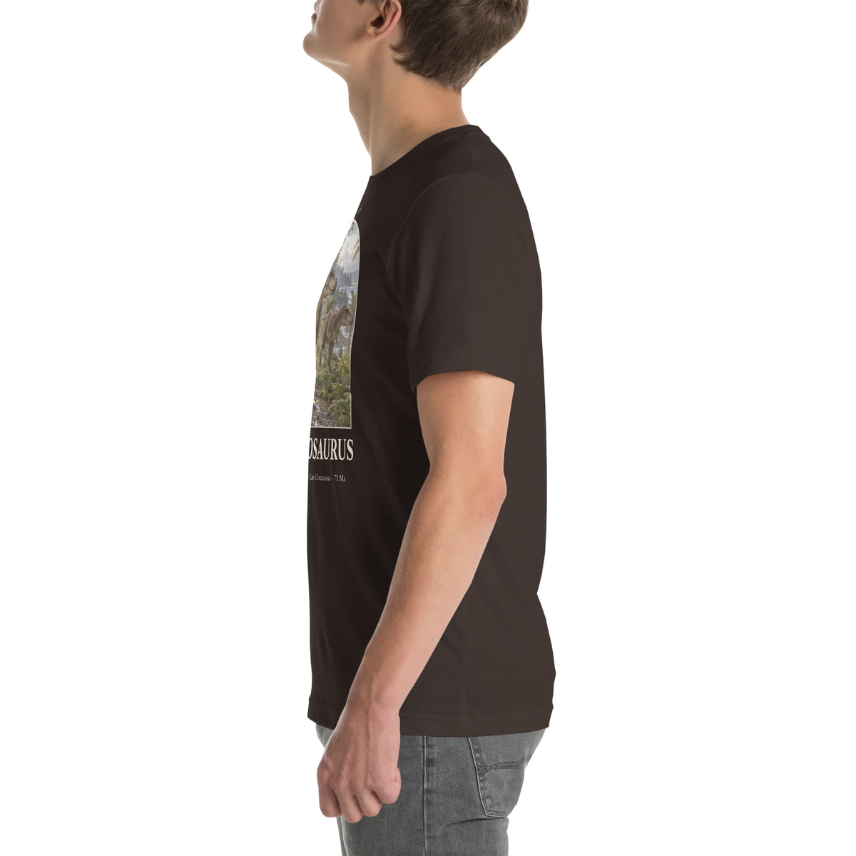 Albertosaurus T-shirt in Brown, left view — Deep Time Atlas Plate 021, PaleoThreads