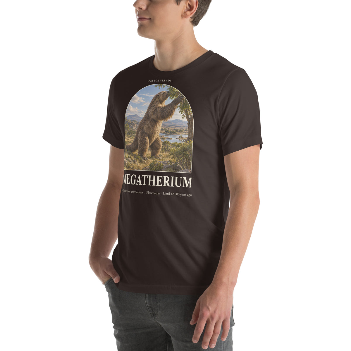 Megatherium T-shirt in Brown, left front view — Deep Time Atlas Plate 158, PaleoThreads