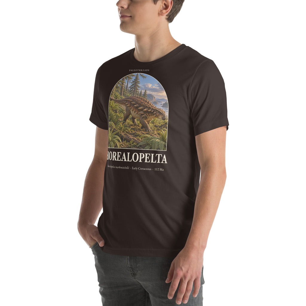 Borealopelta T-shirt in Brown, left front view — Deep Time Atlas Plate 085, PaleoThreads