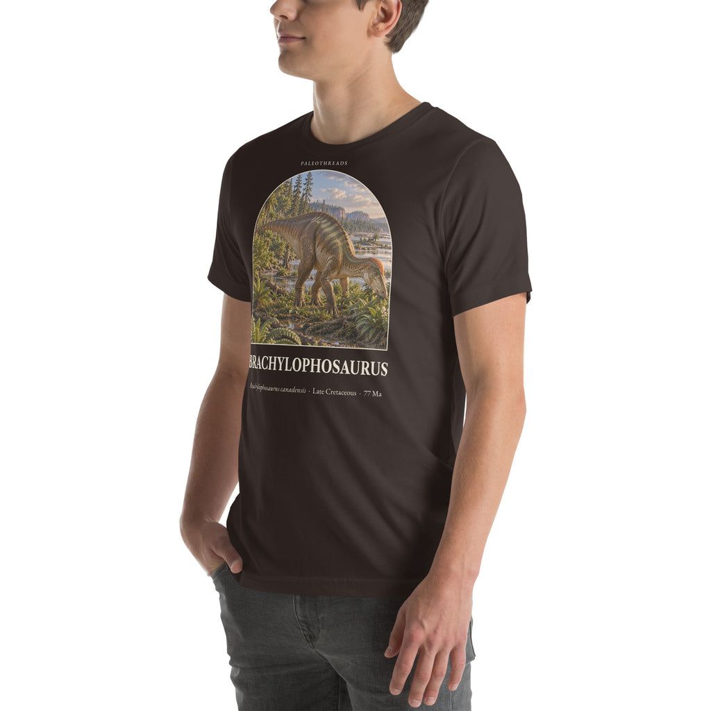Brachylophosaurus T-shirt in Brown, left front view — Deep Time Atlas Plate 082, PaleoThreads