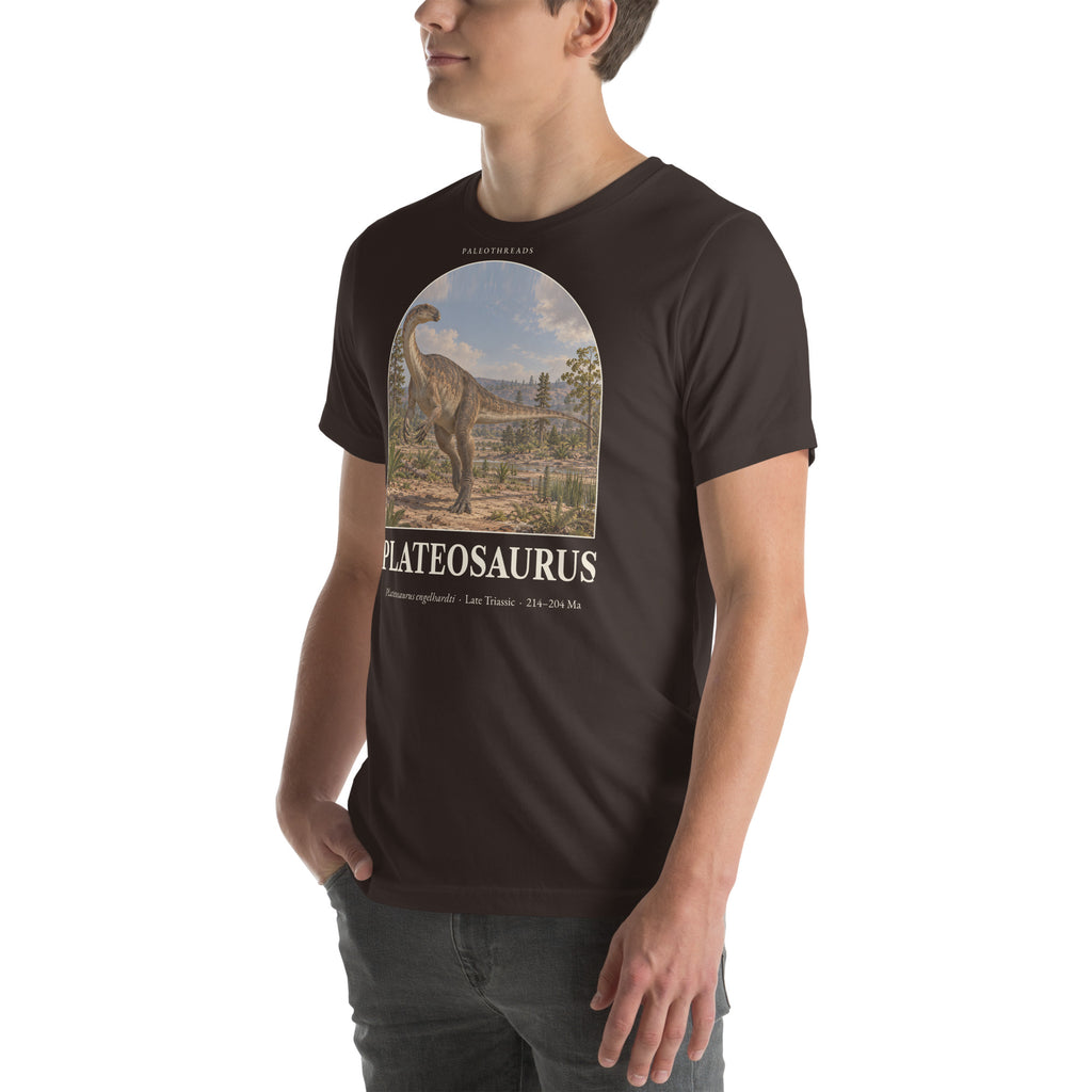 Plateosaurus T-shirt in Brown, left front view — Deep Time Atlas Plate 054, PaleoThreads