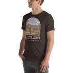 Plateosaurus T-shirt in Brown, left front view — Deep Time Atlas Plate 054, PaleoThreads