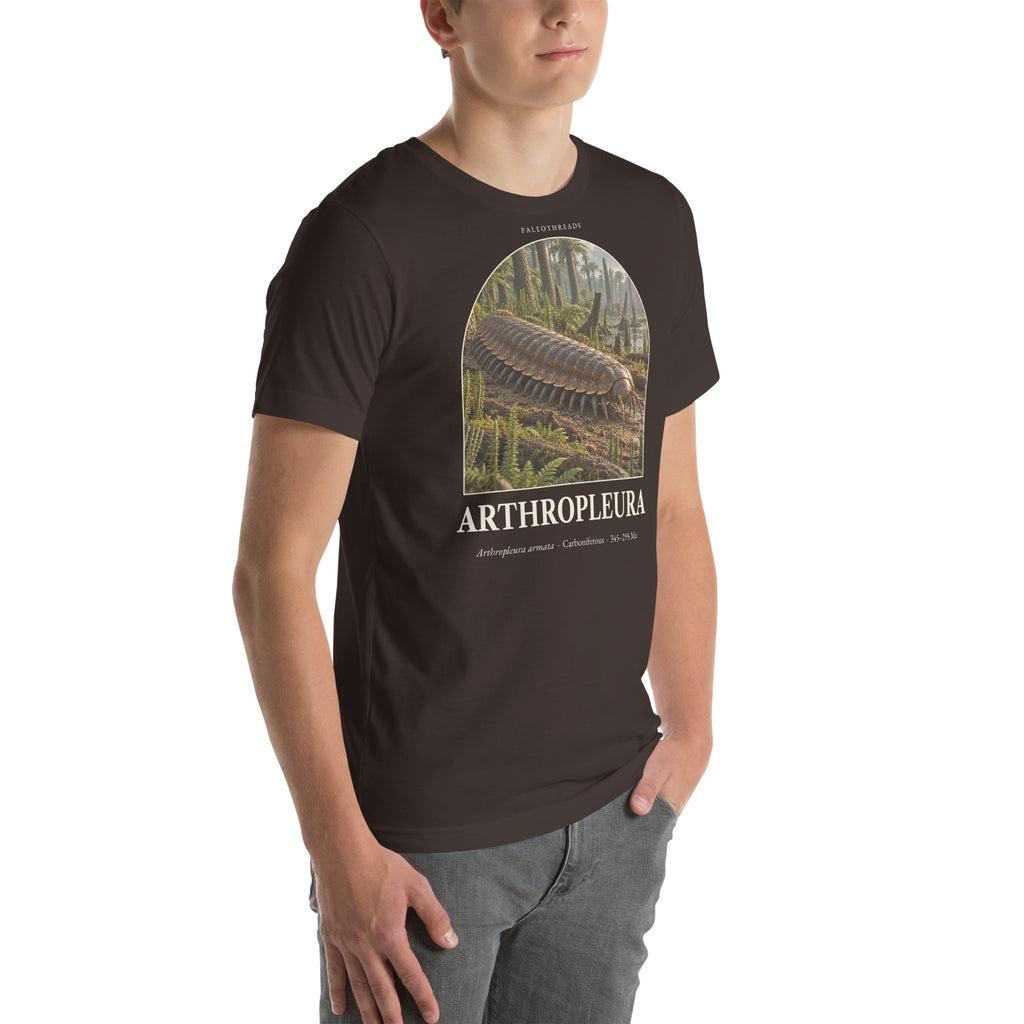 Arthropleura T-shirt in Brown, right front view — Deep Time Atlas Plate 143, PaleoThreads