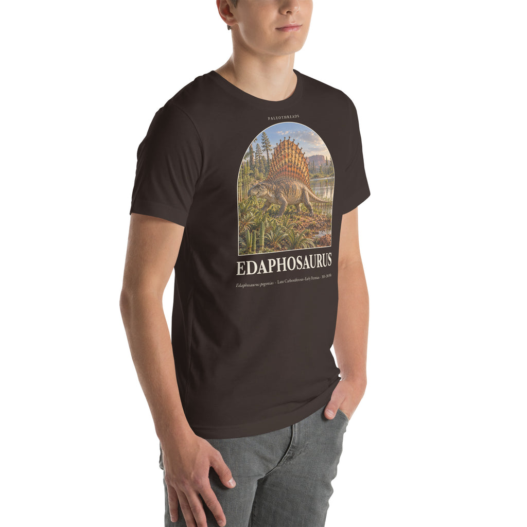 Edaphosaurus T-shirt in Brown, right front view — Deep Time Atlas Plate 134, PaleoThreads
