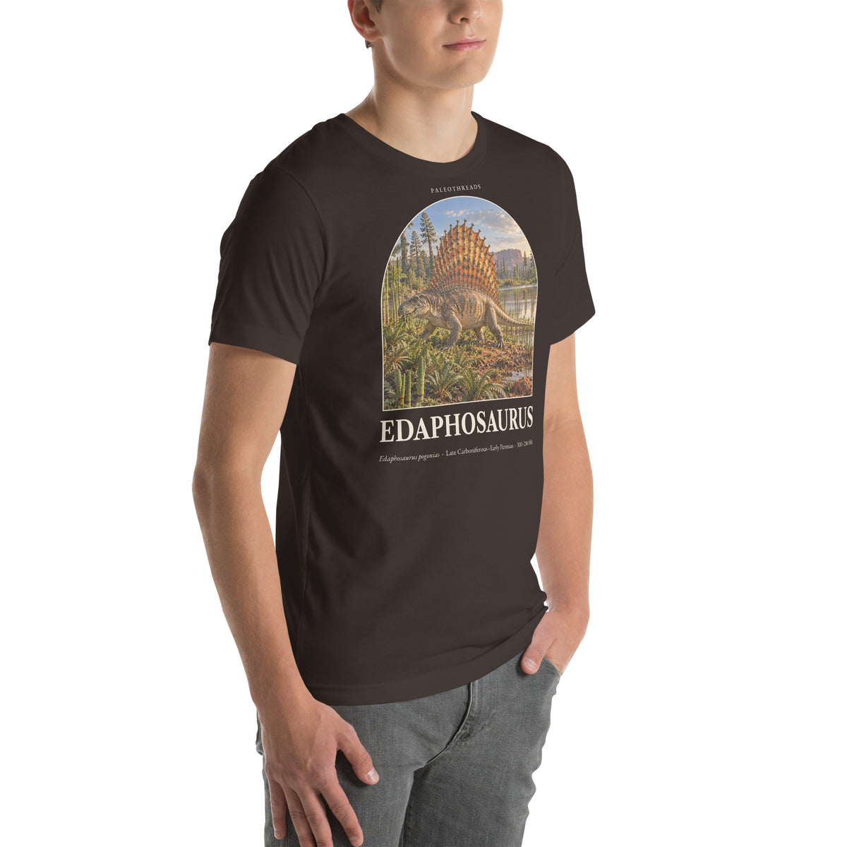 Edaphosaurus T-shirt in Brown, right front view — Deep Time Atlas Plate 134, PaleoThreads