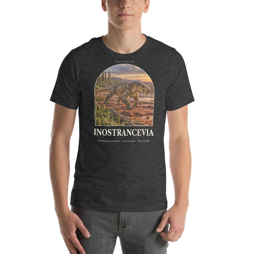 Inostrancevia T-shirt in Dark Grey Heather — Deep Time Atlas Plate 135, PaleoThreads