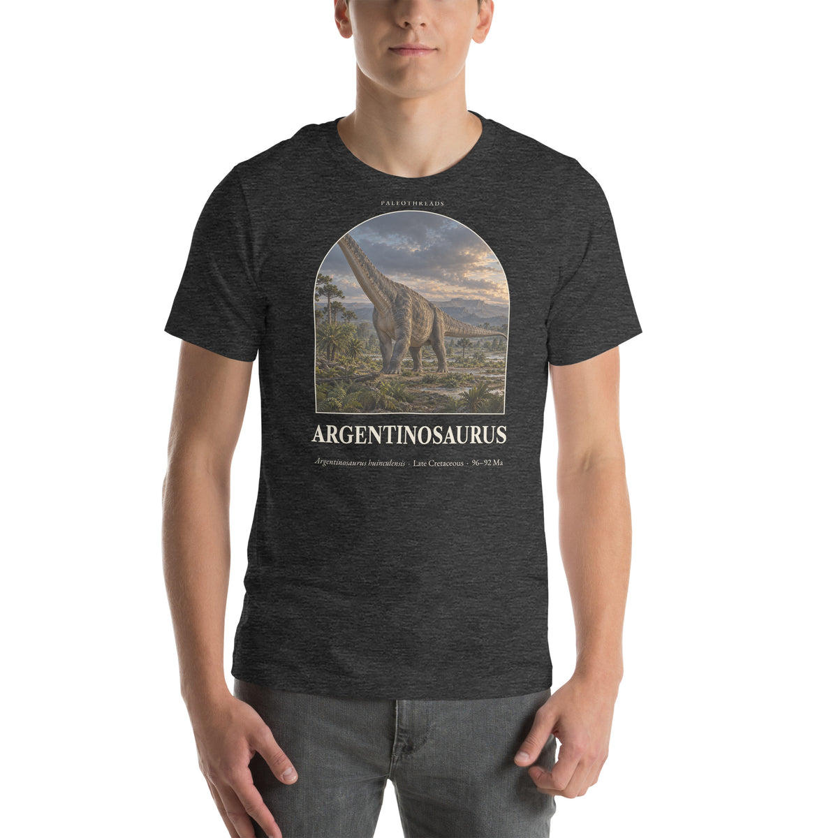 Argentinosaurus T-shirt in Dark Grey Heather — Deep Time Atlas Plate 048, PaleoThreads