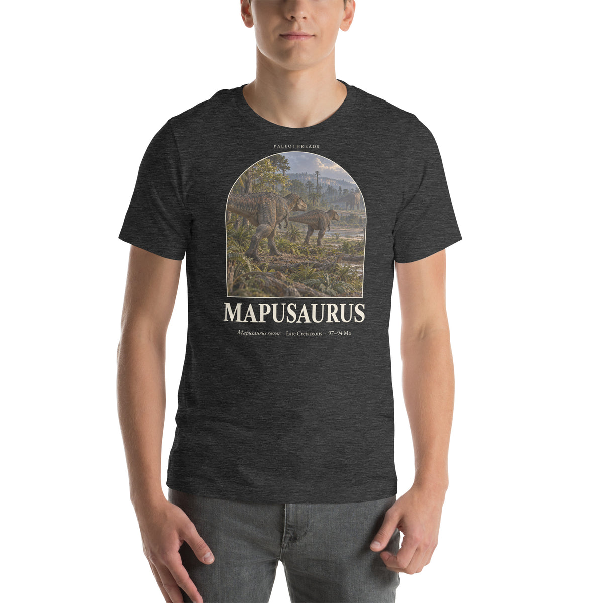 Mapusaurus T-shirt in Dark Grey Heather — Deep Time Atlas Plate 038, PaleoThreads