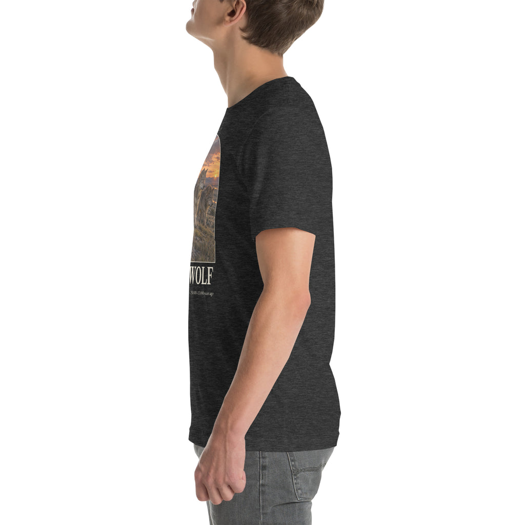 Dire wolf T-shirt in Dark Grey Heather, left view — Deep Time Atlas Plate 160, PaleoThreads