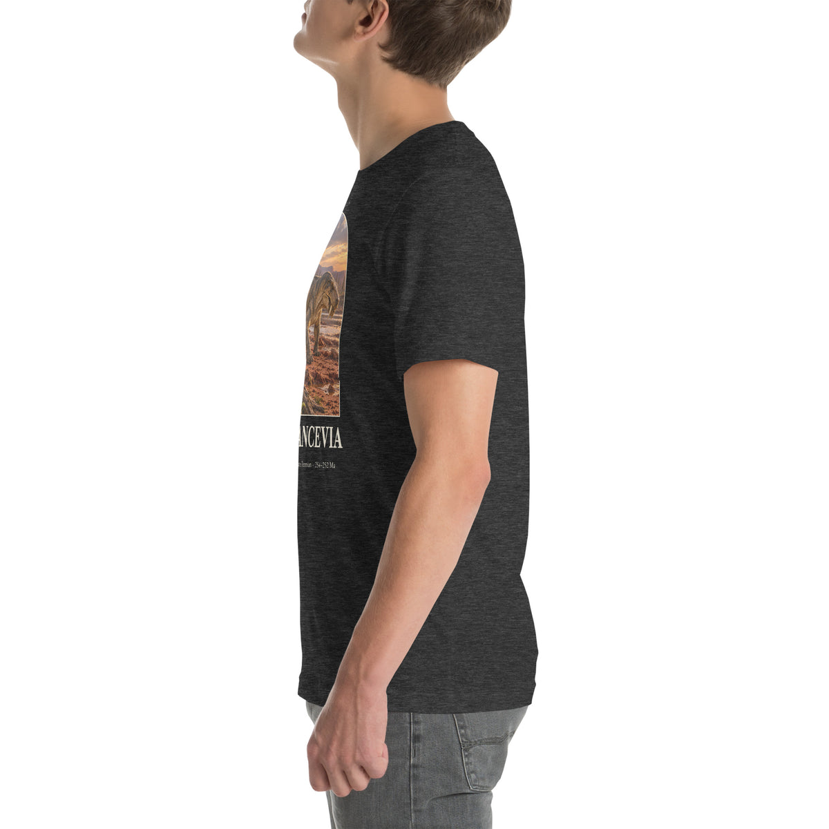 Inostrancevia T-shirt in Dark Grey Heather, left view — Deep Time Atlas Plate 135, PaleoThreads
