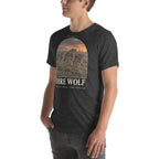 Dire wolf T-shirt in Dark Grey Heather, left front view — Deep Time Atlas Plate 160, PaleoThreads