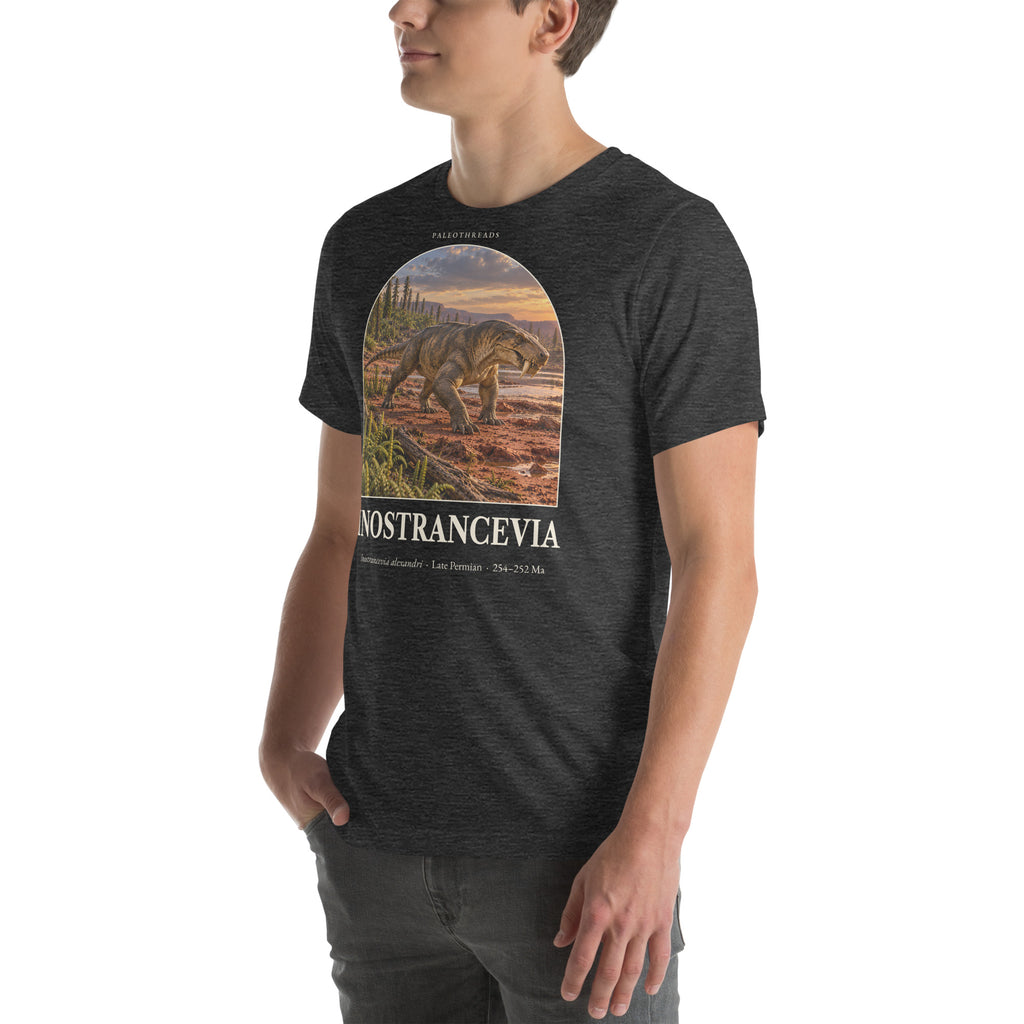 Inostrancevia T-shirt in Dark Grey Heather, left front view — Deep Time Atlas Plate 135, PaleoThreads