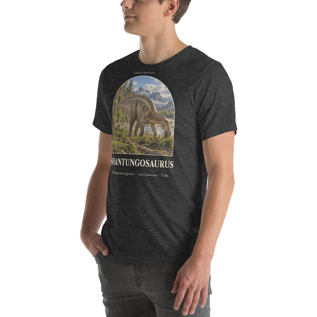 Shantungosaurus T-shirt in Dark Grey Heather, left front view — Deep Time Atlas Plate 077, PaleoThreads
