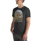 Shantungosaurus T-shirt in Dark Grey Heather, left front view — Deep Time Atlas Plate 077, PaleoThreads