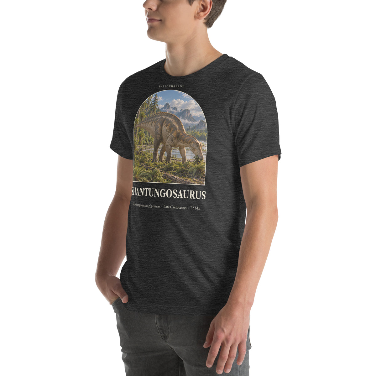 Shantungosaurus T-shirt in Dark Grey Heather, left front view — Deep Time Atlas Plate 077, PaleoThreads