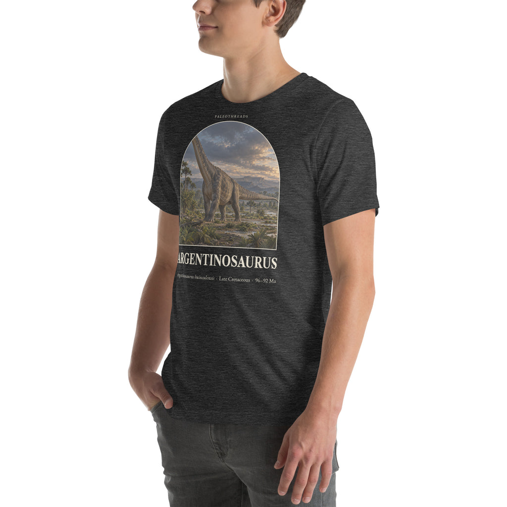 Argentinosaurus T-shirt in Dark Grey Heather, left front view — Deep Time Atlas Plate 048, PaleoThreads