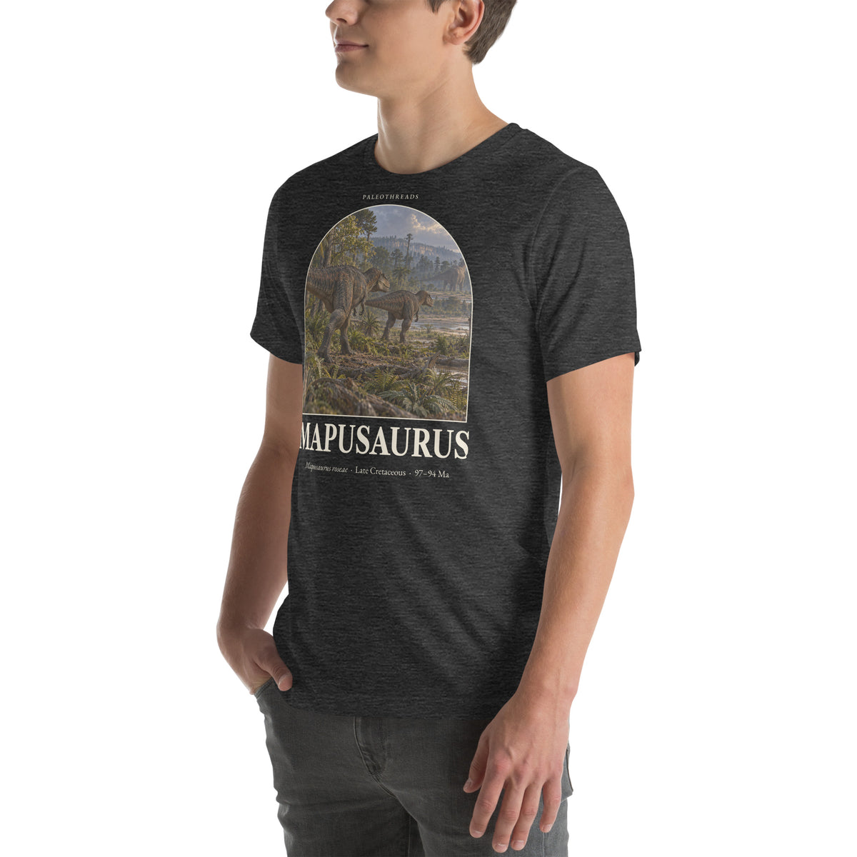 Mapusaurus T-shirt in Dark Grey Heather, left front view — Deep Time Atlas Plate 038, PaleoThreads