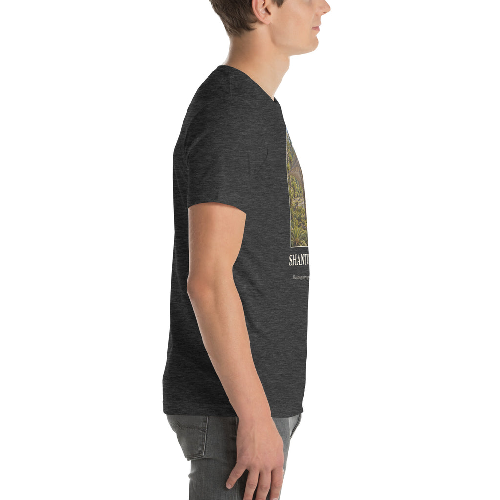 Shantungosaurus T-shirt in Dark Grey Heather, right view — Deep Time Atlas Plate 077, PaleoThreads
