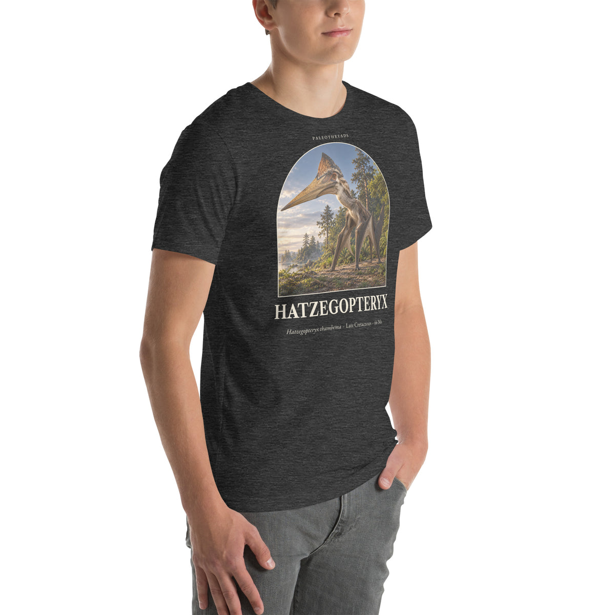 Hatzegopteryx T-shirt in Dark Grey Heather, right front view — Deep Time Atlas Plate 101, PaleoThreads