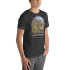 Shantungosaurus T-shirt in Dark Grey Heather, right front view — Deep Time Atlas Plate 077, PaleoThreads