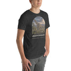 Argentinosaurus T-shirt in Dark Grey Heather, right front view — Deep Time Atlas Plate 048, PaleoThreads