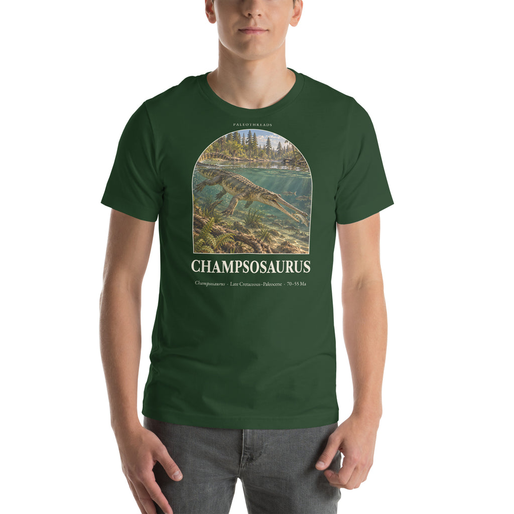 Champsosaurus T-shirt in Forest — Deep Time Atlas Plate 127, PaleoThreads