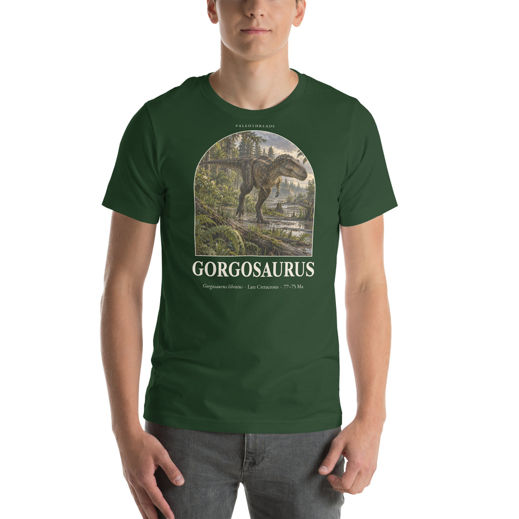 Gorgosaurus T-shirt in Forest — Deep Time Atlas Plate 022, PaleoThreads