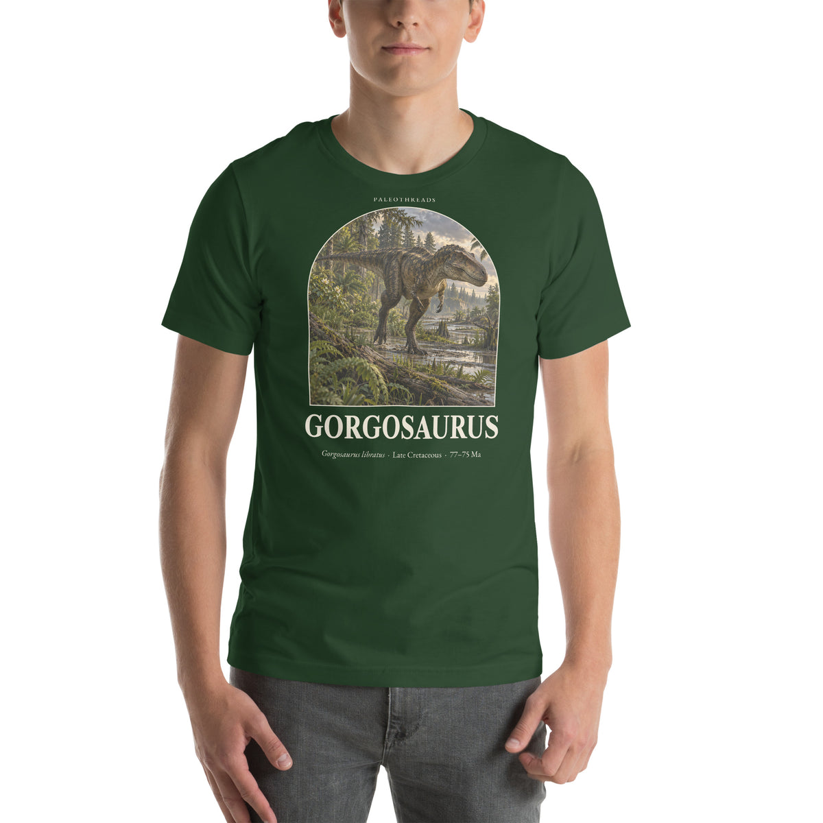 Gorgosaurus T-shirt in Forest — Deep Time Atlas Plate 022, PaleoThreads