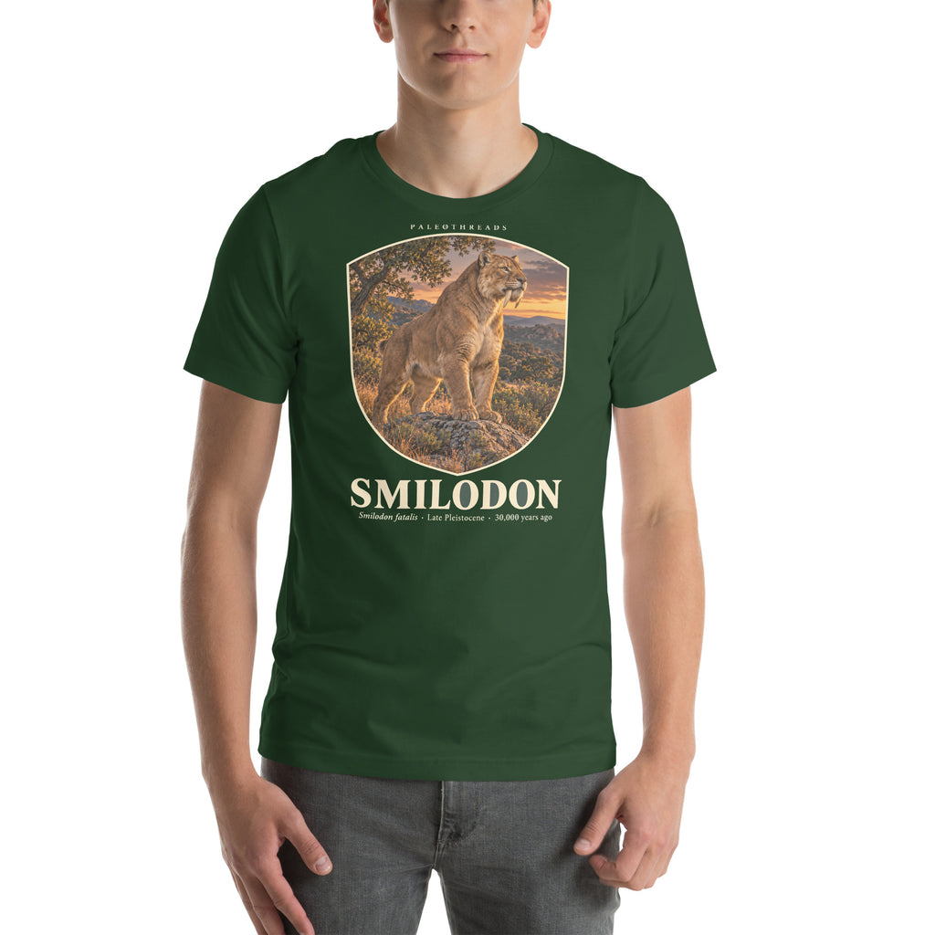 Smilodon T-shirt in Forest — Deep Time Atlas Plate 008, PaleoThreads