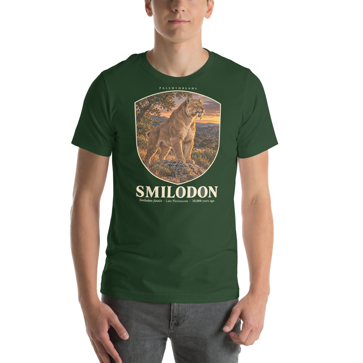 Smilodon T-shirt in Forest — Deep Time Atlas Plate 008, PaleoThreads