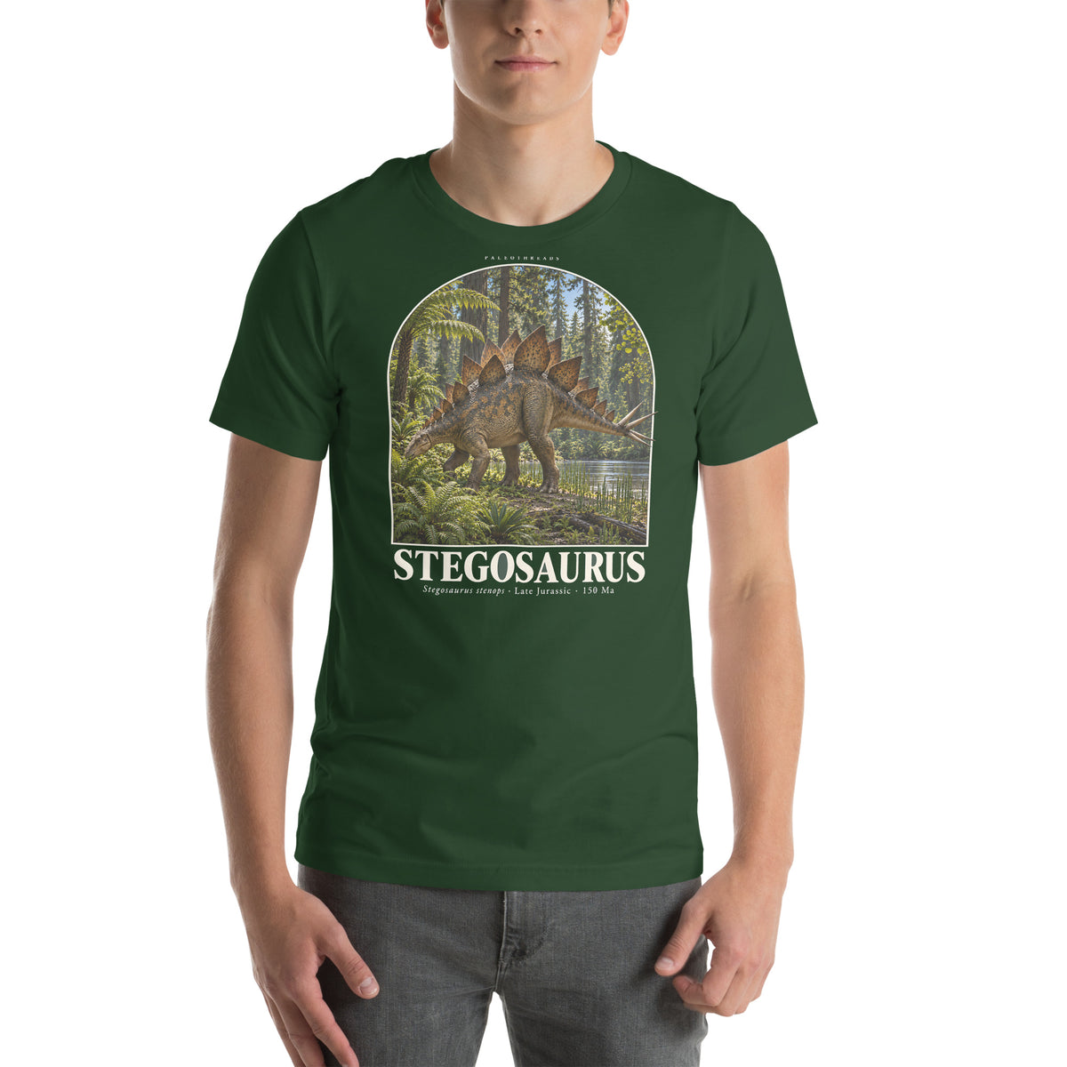 Stegosaurus T-shirt in Forest — Deep Time Atlas Plate 004, PaleoThreads