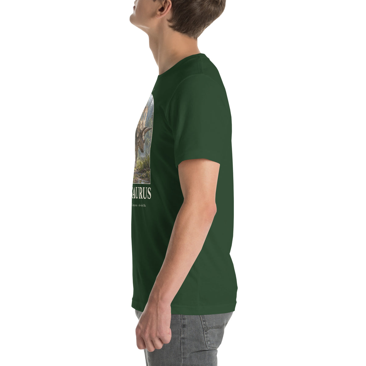 Torosaurus T-shirt in Forest, left view — Deep Time Atlas Plate 067, PaleoThreads