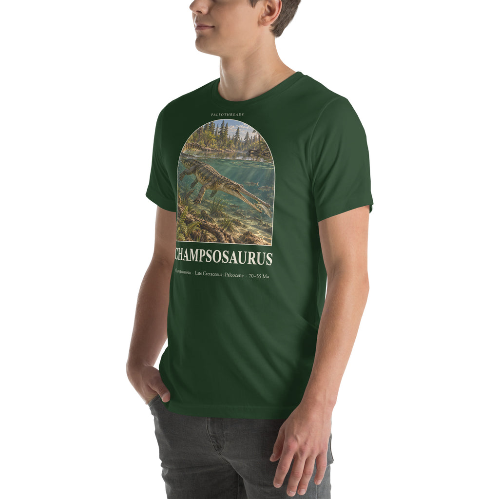 Champsosaurus T-shirt in Forest, left front view — Deep Time Atlas Plate 127, PaleoThreads